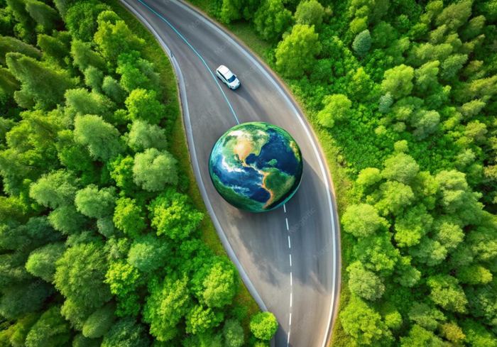 Globe on a forest road symbolising sustainable delivery